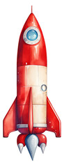 Watercolor illustration of flying rocket isolated.