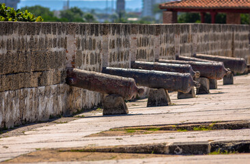 Fototapeta na wymiar Shot of the Cannons located in the Walls of Cartagena and Baluarte de Santa Calatina