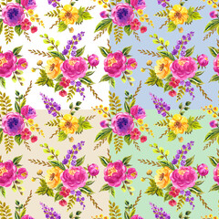 Seamless watercolor patchwork background with flowers, print for fabric and other surfaces. - 661220945