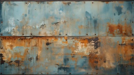 Weathered metal with peeling paint and rust, showcasing industrial decay