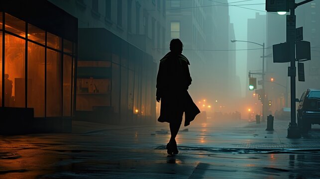 A lonely woman walks in the streets of a cosmopolitan city