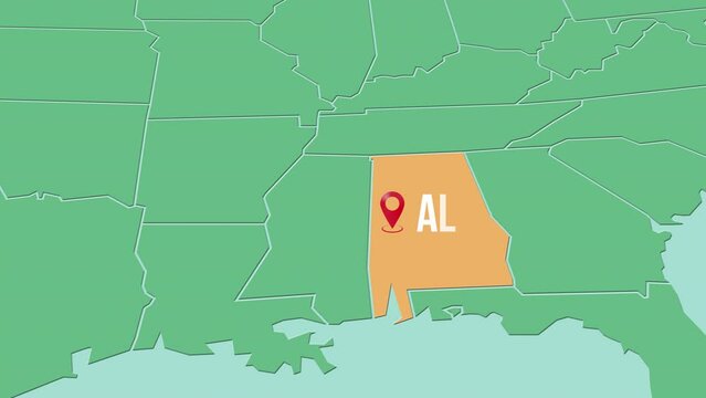 Mapa de los Estados Unidos de Am&eacute;rica con divisi&oacute;n pol&iacute;tica resaltando el estado de Alabama
