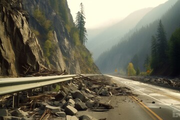 guardrail damaged mudslide mountain pass. Generative AI - obrazy, fototapety, plakaty