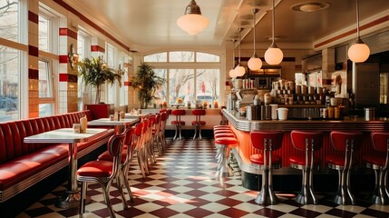 Fototapeta na wymiar A retro diner with checkerboard floors and chrome accents 