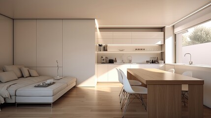 Living room and kitchen of a modern home in a clean and minimalist style