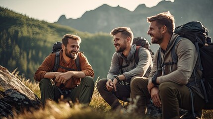 A group of adventurous men hike and camp in the mountains while enjoying the scenery