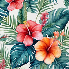 Hand painted watercolor tropical leaves and flower