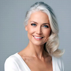 Fototapeta premium Gorgeous aging mature woman with long gray hair and a happy smile. Beauty and skin care cosmetics advertising concept,