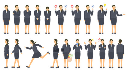 女性会社員。様々な表情や動作。フラットなベクターイラストセット。 Female office worker. Various expressions and motions. Flat designed vector illustration set.