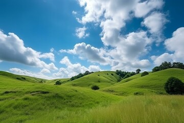 Fototapeta na wymiar hilly landscape with blue sky and white clouds. Generative AI