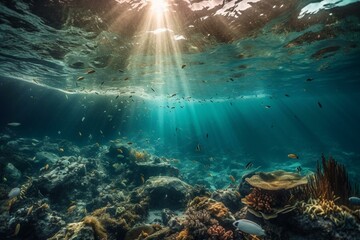 Underwater plastic waste amidst ocean inhabitants, emphasizing climate change and environmental preservation. Generative AI - obrazy, fototapety, plakaty
