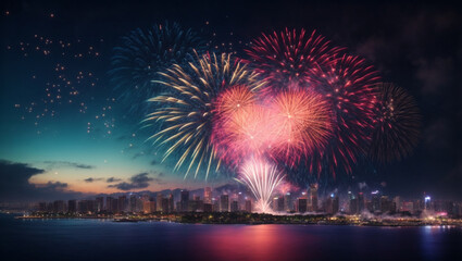 Fototapeta premium colorful fireworks over the city sky background