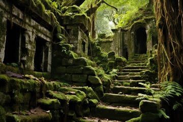 Naklejka premium Ancient Ruins Overgrown with Moss in a Lush Forest