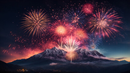 colorful fireworks over the mountain sky background
