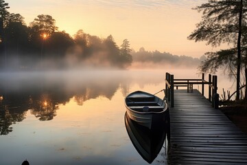 Serene Lake with Boat at Dawn.