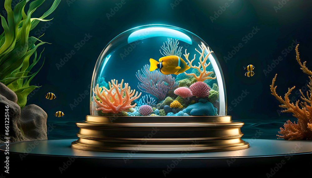 Wall mural Glass aquarium, model of a platform for demonstrating diametrical products on the seabed