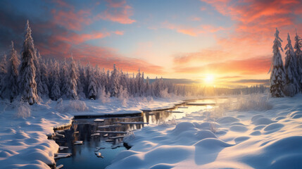 Beautiful winter landscape with a river in the middle and lots of snow on the trees