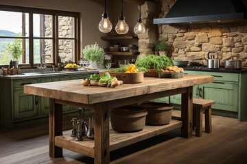 Farmhouse kitchen with a reclaimed wood island and vintage farm tools as decor - obrazy, fototapety, plakaty