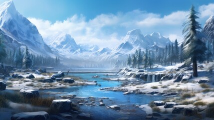 Winter valley with snow, ice river and vegetation in the background game art