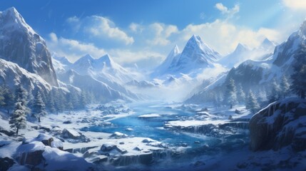Fototapeta na wymiar Winter valley with snow, ice river and vegetation in the background game art