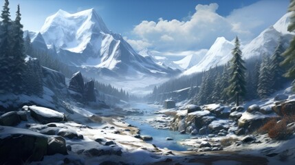 Fototapeta na wymiar Winter valley with snow, ice river and vegetation in the background game art