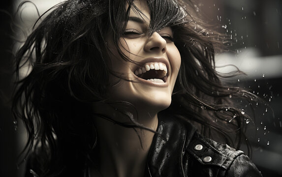 Beautiful woman laughing in the rain, black and white photography