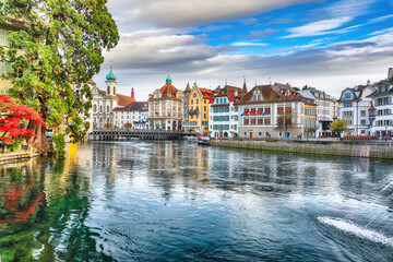 Amazing historic city center of Lucerne with famous buildings and lake Jesuitenkirche Church.