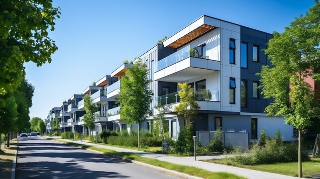 New modern block of flats in green area with blue sky

