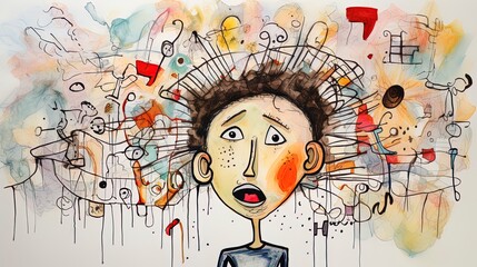 Thoughtful stressed young child with ADHD (Attention deficit hyperactivity disorder) or Anxiety with a mess in his head.