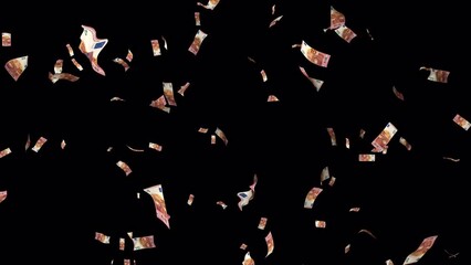 10 Euro money transition. Many banknotes falling on transparent background. Cash rain. Alpha channel.