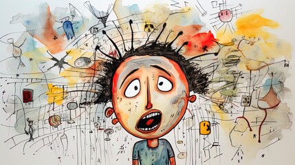 Thoughtful stressed young child with ADHD (Attention deficit hyperactivity disorder) or Anxiety with a mess in his head.