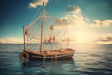 A boat sailing on the ocean with a dream catcher attached to it. Generative AI - obrazy, fototapety, plakaty