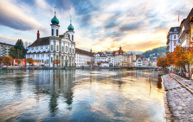 Amazing historic city center of Lucerne with famous buildings and lake Jesuitenkirche Church.