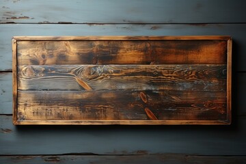 Close up of an empty wooden sign against rustic wood background.