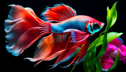 Fish with a flower tail and fins. Colorful flower fighting betta fish isolated on black. Amazing exotic flower tropical fish, - obrazy, fototapety, plakaty