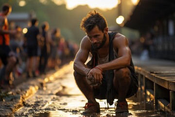 A serene and reflective moment man in rainy day
