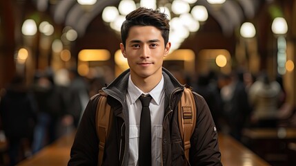 portrait of a young asian student at the university, smiling, wearing a backpack, a tie, grey jacket, handsome,