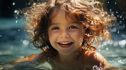 Happy child in the pool, swimming, cute, fun,  a young child swimming in the water, with sunlit water droplets in her curly hair and a bright, joyful smile, innocence and pleasure of childhood.