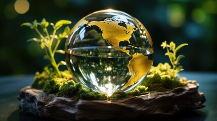 a crystal-clear globe with engraved continents, showcasing the Americas, symbolize the interplay between the Earth, nature, and the importance of environmental preservation, awareness.