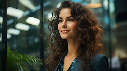 portrait of a beautiful brunette, woman, business, leader, green suite, green silk shirt, confidence, smiling, looking forward,  young businesswoman with curly hair,  off to the side, inspired smile