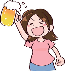 笑顔でビールグラスを持つ若い女性　乾杯1