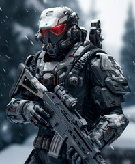 Soldier dressed in a futuristic military gear with a modern gun, in the style of sci-fi game art, dark gray and red, snow scenes.