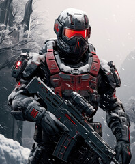 Fototapeta na wymiar Soldier dressed in a futuristic military gear with a modern gun, in the style of sci-fi game art, dark gray and red, snow scenes.