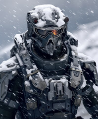Fototapeta premium Soldier dressed in a futuristic military gear with a modern gun, in the style of sci-fi game art, dark gray and red, snow scenes.