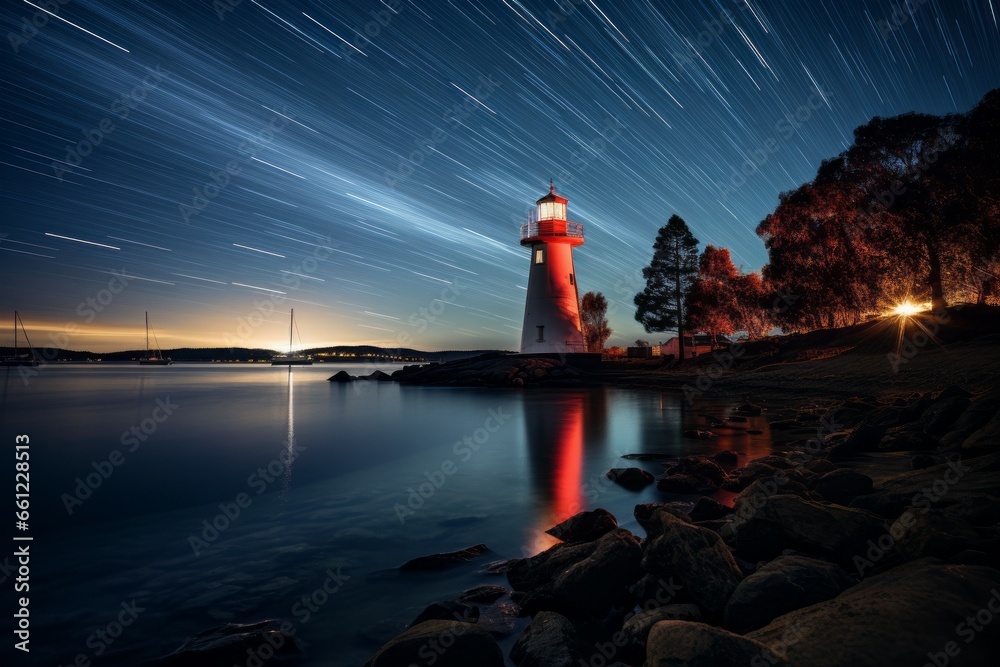 Wall mural lighthouse on the seashore. background with selective focus and copy space