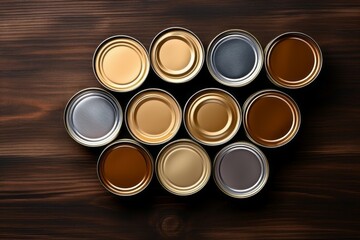 Tin cans with canned food, top view. Background with selective focus and copy space