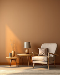 3d living room interior mockup in warm tones with armchair on empty light brown wall