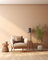3d living room interior mockup in warm tones with armchair on empty light brown wall