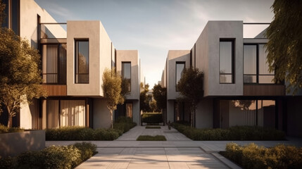 Futuristic urban living: geometric cubic shaped modern houses creating a visually striking and contemporary architectural landscape