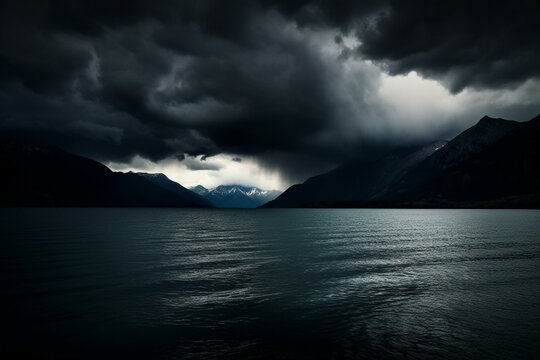 Dark skies loom above serene waters, foreshadowing turmoil and aggression. Generative AI